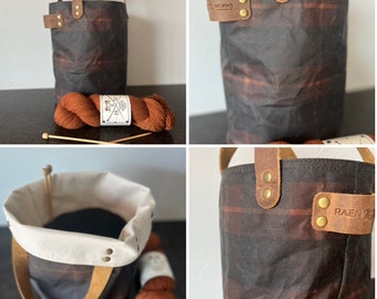 Organic Waxed Canvas Bucket Bag Project Bag with Pockets