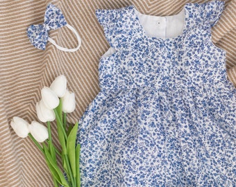 Girl Floral Blue Dress, Toddler Flutter Sleeve Dress, Floral Baby Dress Set, Girls Summer Pinafore, Dainty Flower Dress Bloomer Bow