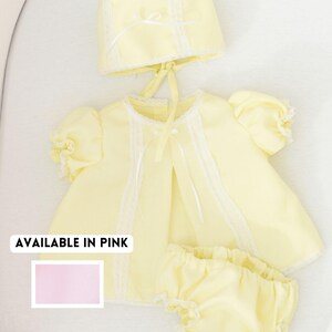 Yellow coming home outfit baby girl newborn girl hospital outfit summer layette set pastel yellow piqué top bloomer and matching bonnet
