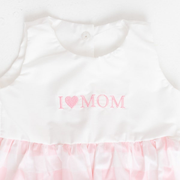 Baby Girl I Love Mom Romper, Gingham First Mother's Day Outfit, Embroidered I Heart Mom Pink Bubble, Preppy Clothes, Preemie to Toddler Size