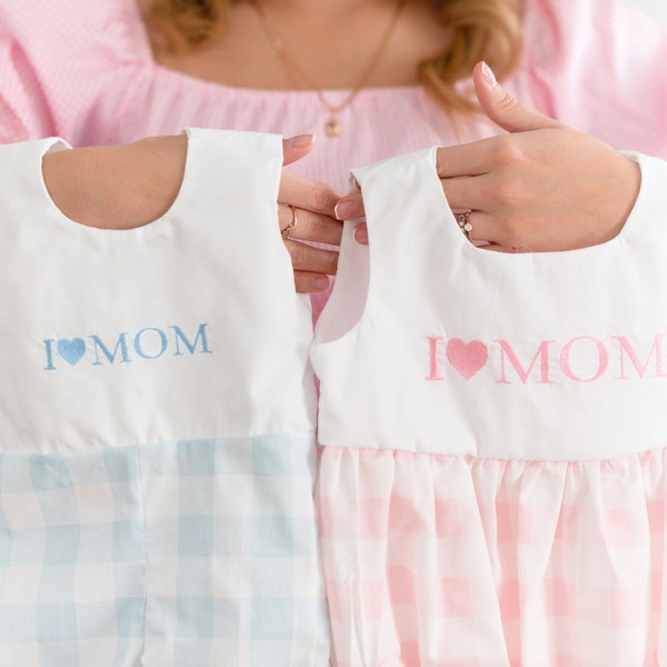 Gingham I Love Mama Romper for Boy or Girl, Sibling Set