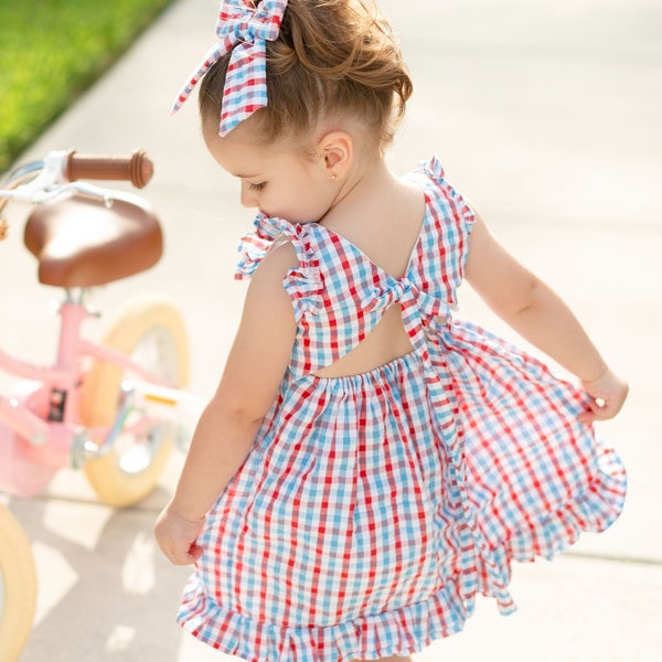 Patriotic Gingham Dress & Bow for Little Girl, Made of Seersucker Cotton in Red, White, and Blue - Sizes Infant, Baby, and Toddler