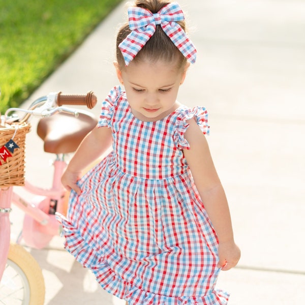 1st Fourth of July, Toddler 4th of July Dress, Red White & Two Birthday Outfit, Summer Ruffle Dress and Bow Clip, USA Twirl Gingham Dress