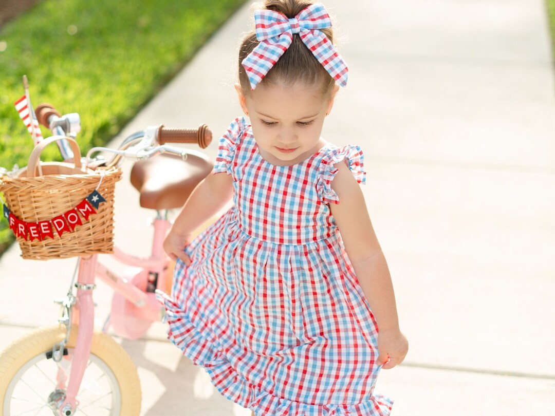 Lil Cactus Happy 4th of July Blue Gingham Ruffle Dress