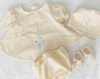 Cream Floral Embroidered Baby Girl Two Piece Set with Crochet Booties – Heirloom Home Outfit