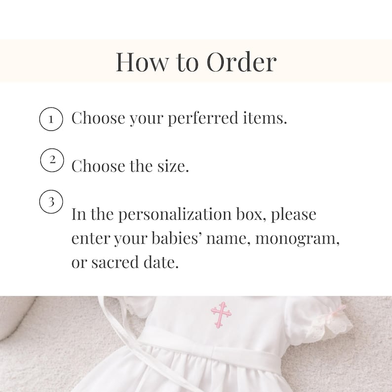 Instruction graphic for choosing size, bonnet, and adding personalization