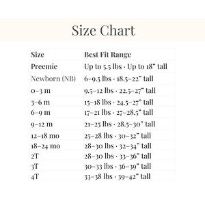 Size chart for baptism dress for sizes preemie to 4T.