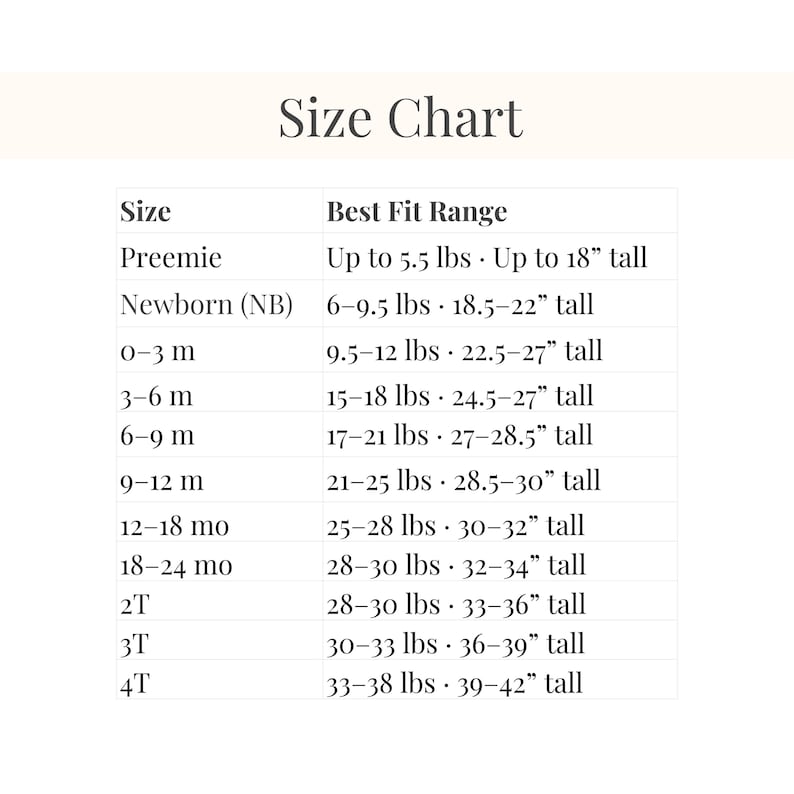 Size chart for baptism dress for sizes preemie to 4T.