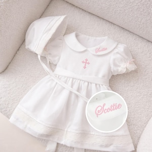 sheen sateen formal cotton baby dress in white with cross and name embroidered on collar