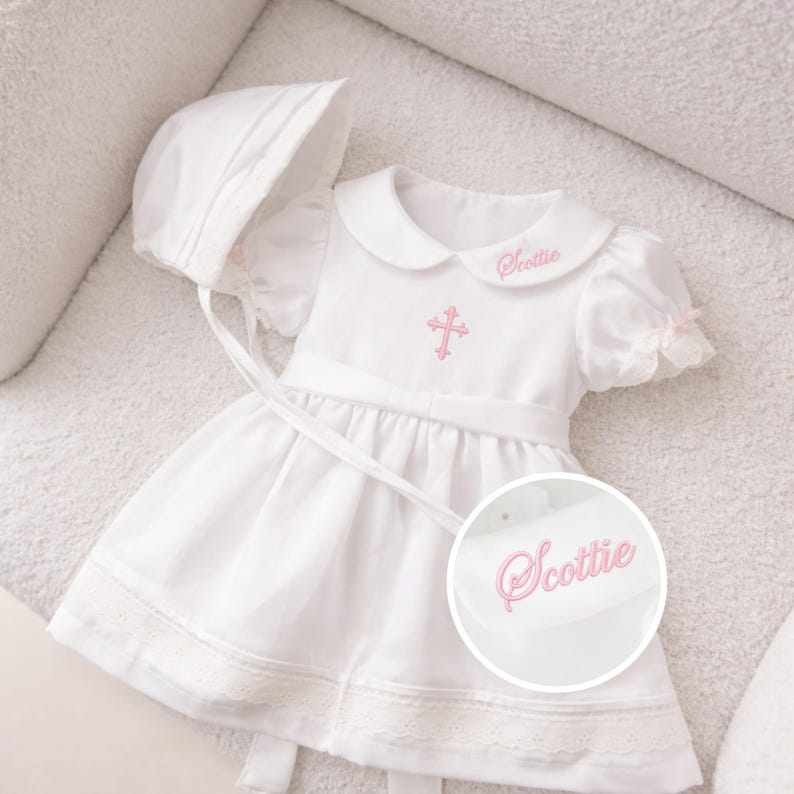 sheen sateen formal cotton baby dress in white with cross and name embroidered on collar