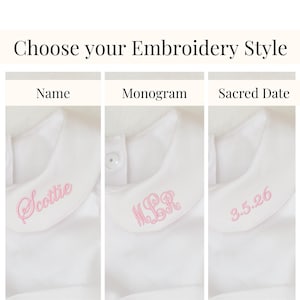 Delicate pink embroidery shown for customizing baby’s heirloom christening dress with name, monogram, or date.
