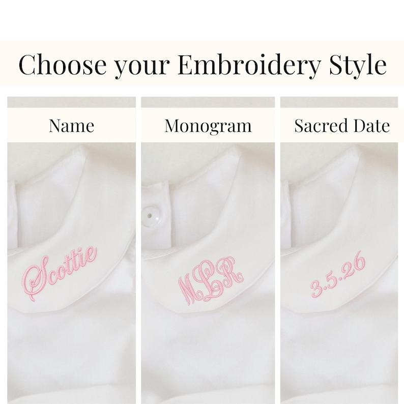 Delicate pink embroidery shown for customizing baby’s heirloom christening dress with name, monogram, or date.