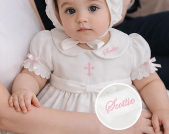 Heirloom Christening Dress: Pima Cotton Gown with Pink Embroidery (Bonnet Option)