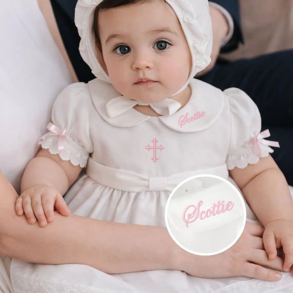 Heirloom Christening Dress: Pima Cotton Gown with Pink Embroidery (Bonnet Option)