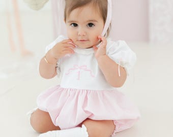 Pink First Birthday Romper: Embroidered "One" Puff Sleeve Bow Bubble Outfit