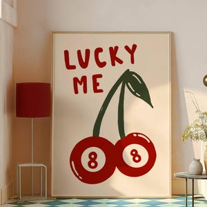 Lucky Me Print, 8 Ball Cherries, Trendy, Wydruki artystyczne, Maksymalistyczny wystrój kuchni, Retro, Estetyczny wystrój pokoju, Sztuka oświadczenia, Wydruk do salonu
