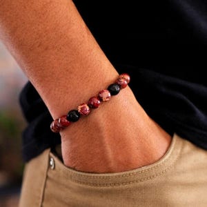 Men's Red Turquoise and Black Lava Beaded Bracelet  |  Gemstone Bead Stretch Bracelet