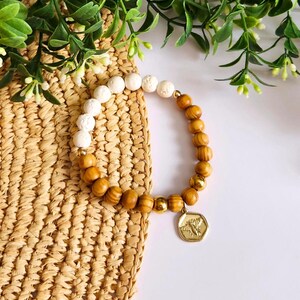 Wood & White Lava Beaded Bracelet with Honey Bee disc   |  Lava Bead Diffuser Bracelet  |  Essential Oil Jewellery
