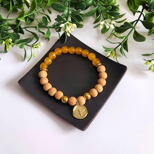 Honey Agate and Wood Bead Bracelet with Honey Bee Disc   |  Essential Oil Jewellery