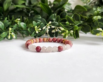 6mm Rhodonite and Rose Quartz Bracelet  |  Gemstone Bead Stretch Bracelet