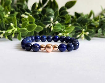 Lapis Lazuli and Rose Gold Stretch Bracelet  |  Gemstone Bead Jewellery