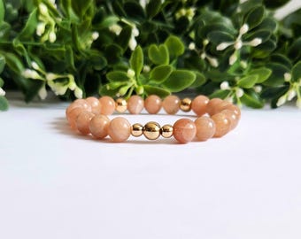 Peach Sunstone and Gold Hematite Beaded Bracelet  |  Gemstone Bead Jewellery