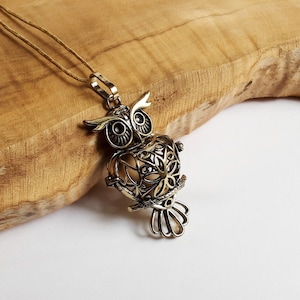 May include: Silver owl pendant necklace. The owl pendant has detailed openwork on the body and a small, round, light-coloured sphere inside. The necklace hangs on a thin, light brown cord.