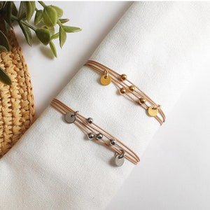 Four Strand Delicate Cord and Bead Bracelet in Gold or Silver  |  Adjustable String Bracelet with Stainless Steel Sliding Beads and Discs