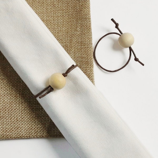 Natural Wood Bead Napkin Ring Set  |  Farmhouse Table Decor  |  Wooden Bead and Linen Cord Adjustable Napkin Rings  |  Boho Decor