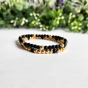 4mm Black Onyx and Gold Hematite Beaded Bracelets  |  Dainty Stacking Bracelets  |  Gemstone Bead Jewellery  |  Minimalist Jewellery