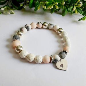 Pink Zebra Jasper & Lava Stone Stretch Bracelet with Heart Pendant   |  Lava Bead Diffuser  |  Essential Oil Bracelet