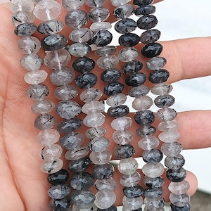Natural Black Rutile Quartz Faceted Rondelle Shape Beads 10" Strand Size 9-9.5mm 9.5-10mm Wholesale Gemstone Beads For Jewelry Making image 1
