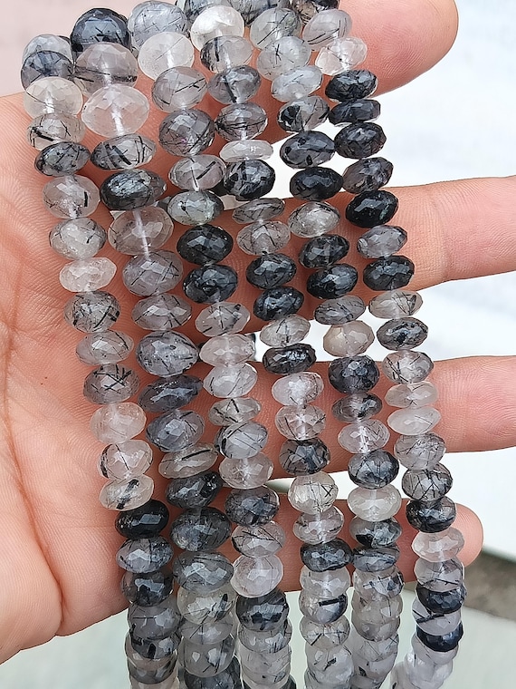 Natural Black Rutile Quartz Faceted Rondelle Shape Beads 10" Strand Size 9-9.5mm 9.5-10mm Wholesale Gemstone Beads For Jewelry Making