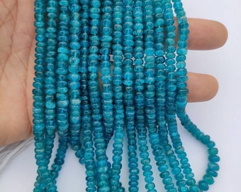 3.5mm GENUINE NEON BLUE APATITE SMOOTH RONDELLE 13.5" LONG LOOSE STRAND 