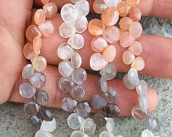 Cuentas de corazón facetadas de piedra lunar múltiple AAA / Hilo briolette de 7 pulgadas / Piedra preciosa de corte lateral de 4-4,5 mm /