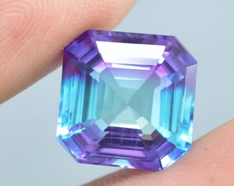 12 x 12 MM 12.00Ct Vibrant Bi-Color Green and Pink Color 100% Natural Sapphire Loose Gemstone Asscher Cut GIT Certified Making Ring &Pendent