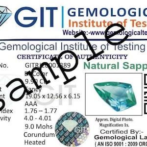 May include: A certificate of authenticity for a natural sapphire gemstone from the Gemological Institute of Testing (GIT). The certificate includes details such as the certificate number, color, weight, shape and cut, measurements, grade, refractive index, specific gravity, Mohs scale, species, and treatment. The certificate also includes a digital photo of the sapphire and a QR code.