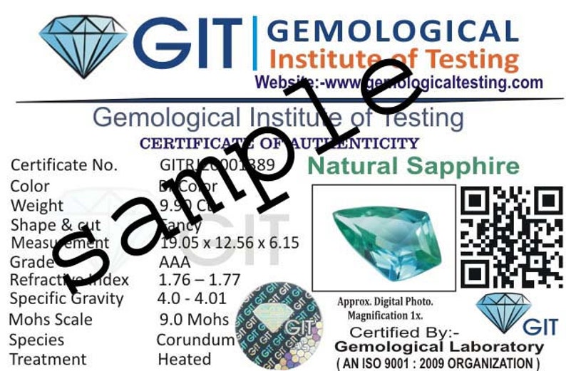 May include: A certificate of authenticity for a natural sapphire gemstone from the Gemological Institute of Testing (GIT). The certificate includes details such as the certificate number, color, weight, shape and cut, measurements, grade, refractive index, specific gravity, Mohs scale, species, and treatment. The certificate also includes a digital photo of the sapphire and a QR code.