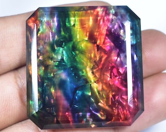 HUGE 107.35 Ct Natural Ammolite Opal-like Organic Precious Gem Loose Gemstone Doublet Rare Gemstone Square Cut Breathtaking Colors Gemstone