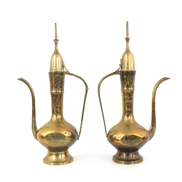 Lovely Pair of Vintage Decorative Middle Eastern Pitchers in Solid Brass with Engravings || Two Matching Small Retro Brass Ewers with Patina