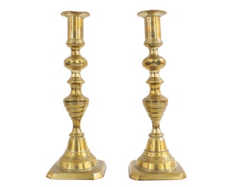Pair of Antique Brass Candlesticks with Diamond & Beehive Design Made in England || Two Matching Brass Candle Holders with Ejector Mechanism