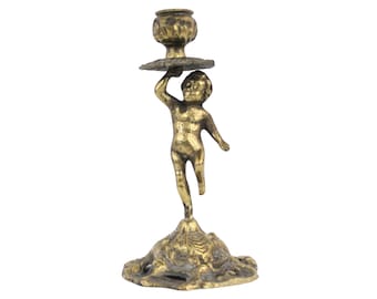 Encantador candelabro de querubín antiguo de latón macizo con aplique ornamentado // Portavelas de latón figurado barroco vintage con base perforada
