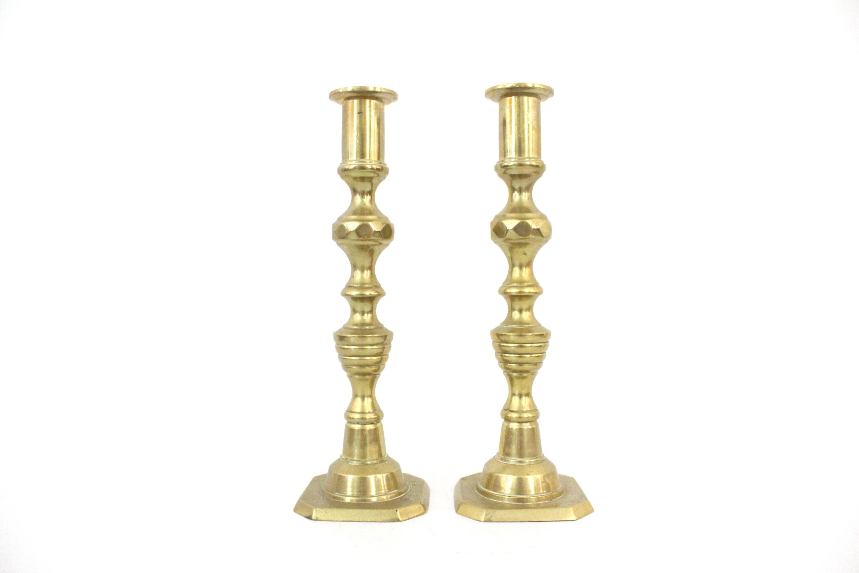 Pair Antique 19th C. Brass Diamond & Beehive 11.5” Candlesticks Candle  Holders 