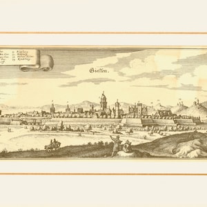 Framed 17th century copperplate print of 'Giessen' by Matthäus Merian from 'Topographia Hassiae' (1646)