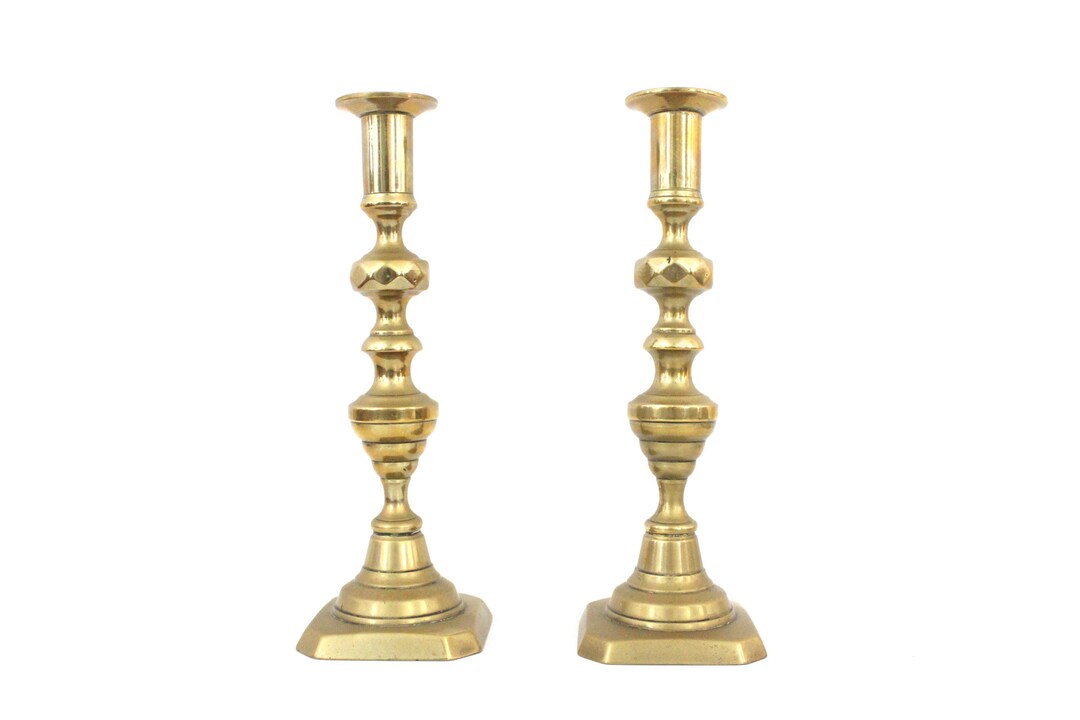 Great Pair of Antique Brass Candlesticks With Diamond Design and Lovely