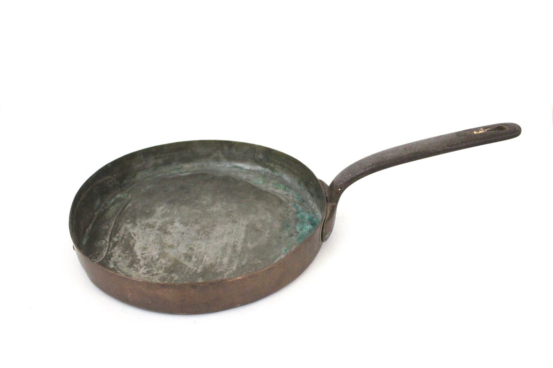 Rare Large Antique Copper Frying Pan With Cast Iron Handle and Riveted ...