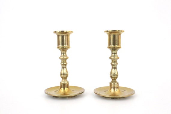 Antique French Engraved Brass Candlesticks With Natural Patina - a Pair