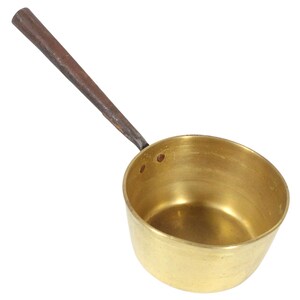 May include: A brass ladle with a long, dark brown wooden handle. The ladle is round and has a wide, shallow bowl.