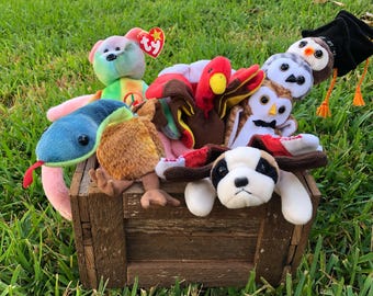 Può includere: Una collezione di peluche in una cassa di legno, tra cui un orso tie-dye con etichetta Ty, un serpente blu, un uccello kiwi marrone, un tacchino, un gufo bianco e marrone, un gufo grigio e un cane con tocco nero e nappe arancioni.