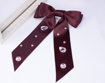 Satin Ribbon Hair Bow with Shinning Crystal| Hair Bow Clip| Hair Bow for Girls | Hair Bow for Women | Women Hair Accessories
